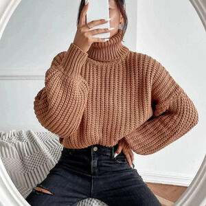 Mocha Brown Casual Womens Turtleneck Drop Shoulder Ribbed Knit Sweater